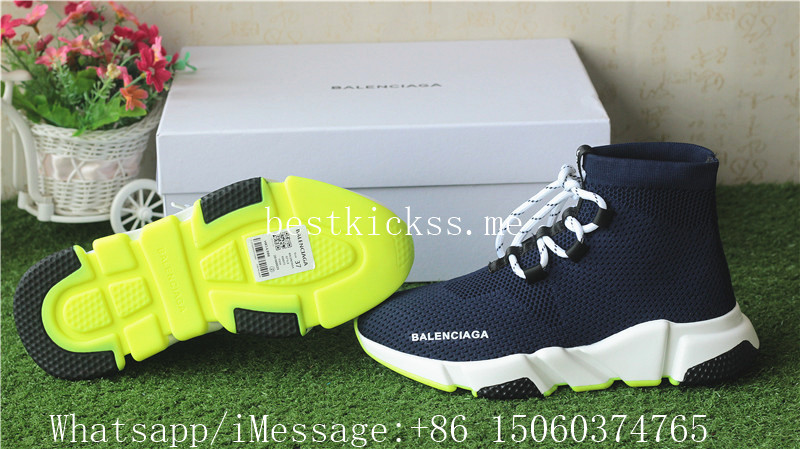 Balenciaga Lace-Up Knit Sock Speed Trainer Navy Blue Black White Neon