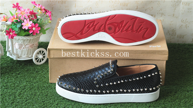 Christian Louboutin Low Spikes Python Leather Pik Boat Flat Black Sneakers