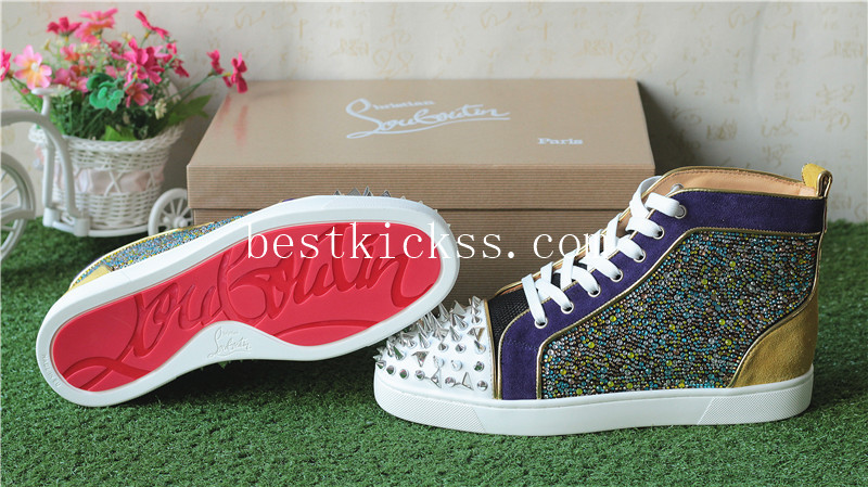 Christian Louboutin High Flat Sneaker Spikes Glitter Diamond Yellow Blue White