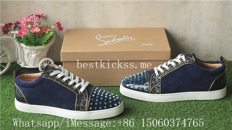 Christian Louboutin Spike Flat Low Top Sneaker Glitt Navy Blue