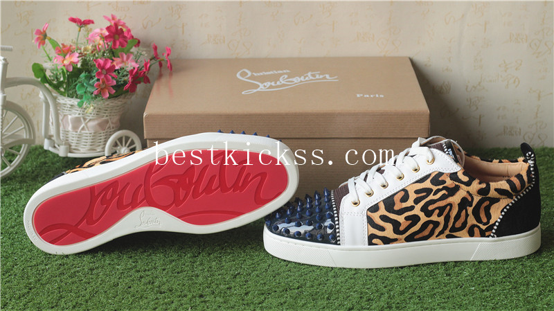 Christian Louboutin Louis Junior Spikes Flat Low Top Sneakers Leopard Navy White