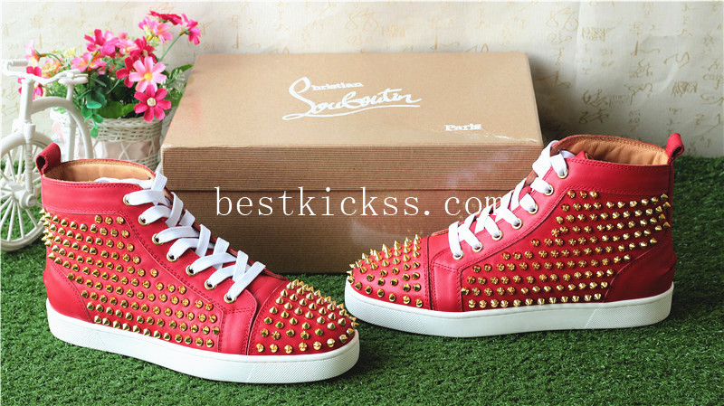 Christian Louboutin Flat Spike High Top Sneaker Red Golden Studs