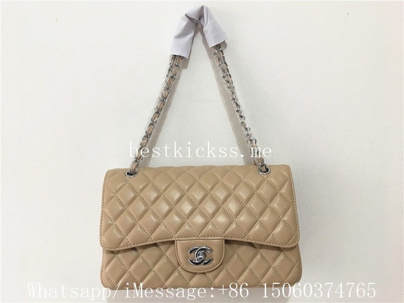 Chanel Beige Quilted Caviar Medium Classic Double Flap Bag Silver