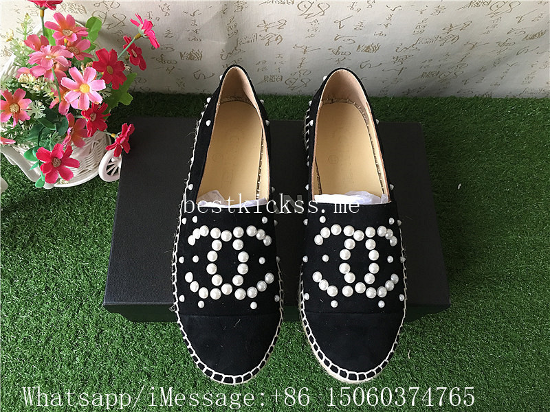 Chanel Pearl CC Black Suede Espadrilles Flat