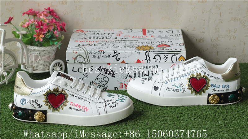 Dolce & Gabbana Portofino Sneakers In Printed Nappa Calfskin With Heart Patch and Embroidery