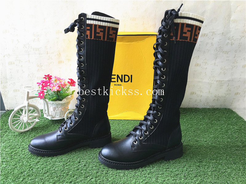 Fendi Women's Leather & Knit Combat Knee Boots Black