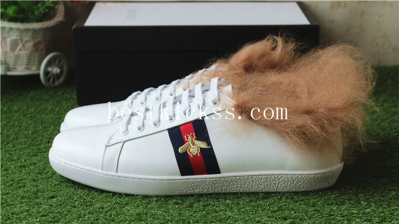 Gucci New Ace Embroidered Bee Fur-Lined Sneaker