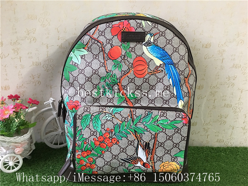 Gucci GG Tian Brown Leather Bird Flower Backpack