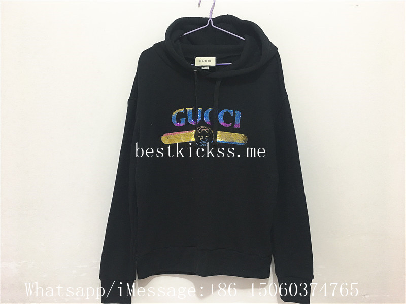 Gucci Black Hoodie Sweatshirt Shiny Rainbow Stripe Logo