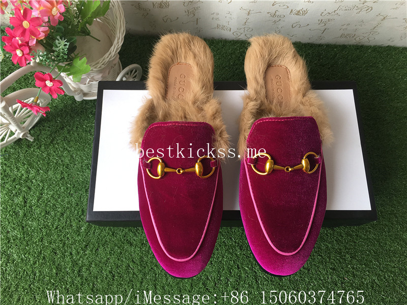 Gucci Velvet Furs Loafer Slide Purple Rose