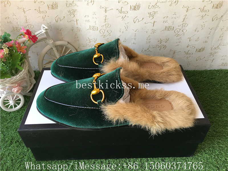 Gucci Velvet Princetown Furs Loafer Slippers in Green