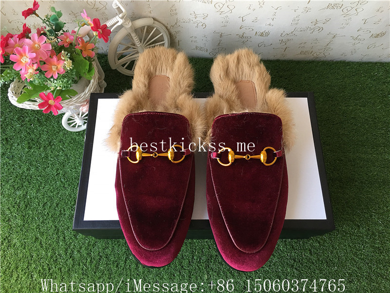 Gucci Velvet Princetown Furs Loafer Slippers in Wine Red